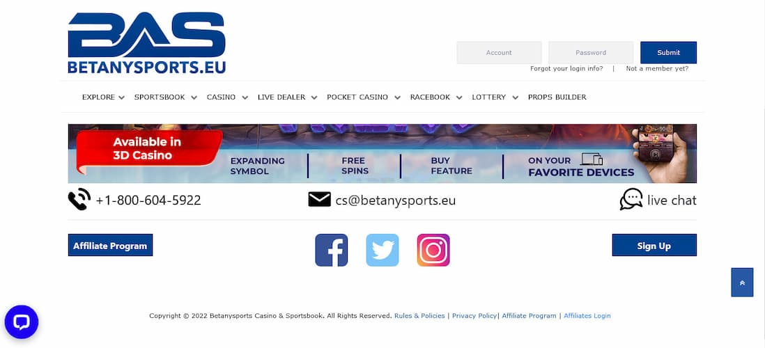 BetAnySports Wettplattform und Casino