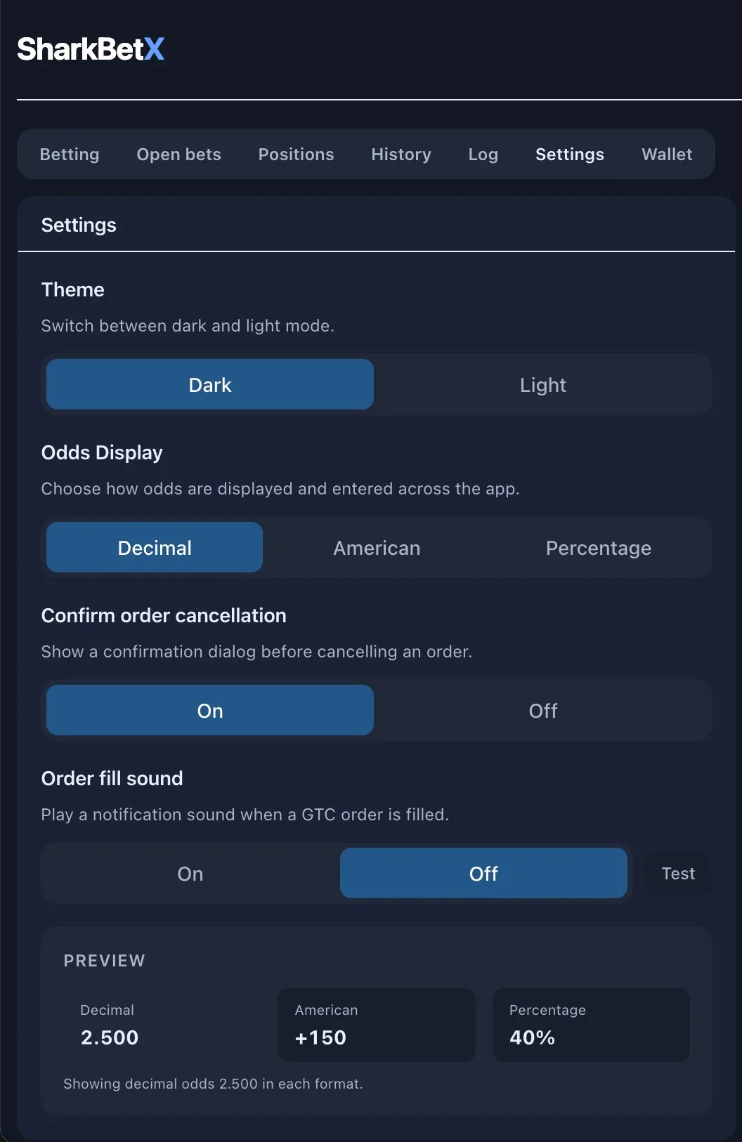 Impostazioni SharkBetX: tema, visualizzazione delle quote (Decimal / American / Percentage con anteprima live), conferma di annullamento ordine e un suono di riempimento ordine GTC.
